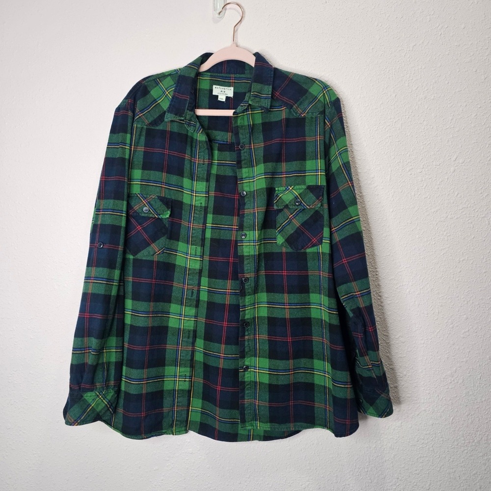 Matchstick Womens Plaid Flannel Shirt Casual‎ Button Up Top XXL Green Navy Red